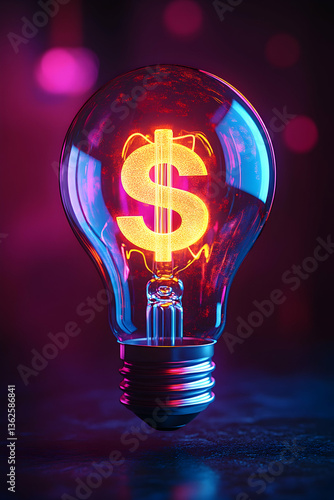 Idea Lightbulb glows with dollar sign filament in moody pink and blue, financial concept