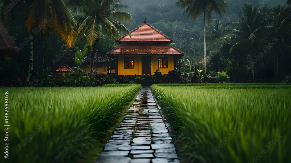 Fototapeta premium Wet Stone Path Leading to an Illuminated Traditional House Surrounded by Green Rice Fields and Palm Trees in Soft Atmospheric Light