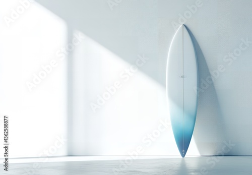 Stylish Surfboard Leaning Against a White Wall in Sunlight Perfect for Summer Vacation Themes