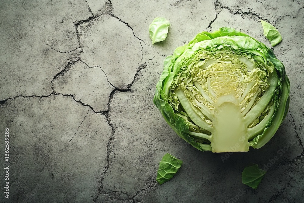 Obraz premium Freshly cut green cabbage resting on a textured gray surface with a few scattered leaves around it
