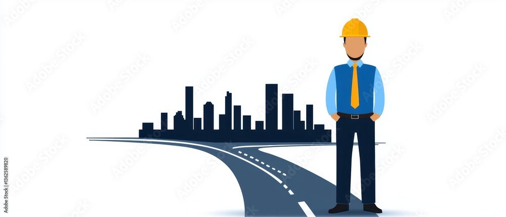 A construction worker stands confidently in front of a city skyline with a road leading into it. A construction worker stands confidently in front of a city skyline with a road leading into it.