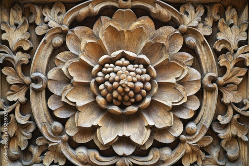Intricate wooden floral carving, Asian design, close-up detail, background texture