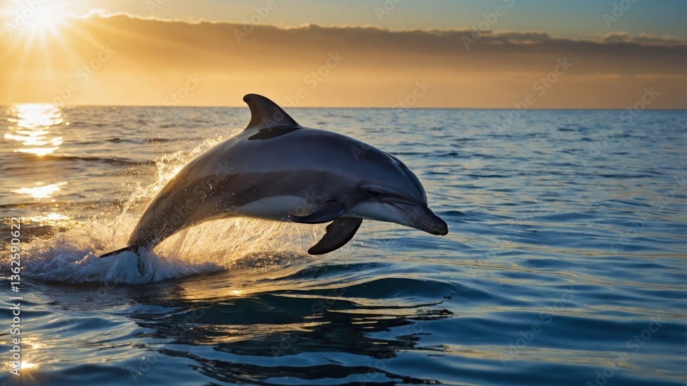 Fototapeta premium A dolphin leaps gracefully over the ocean surface at sunset, showcasing its agility and beauty.