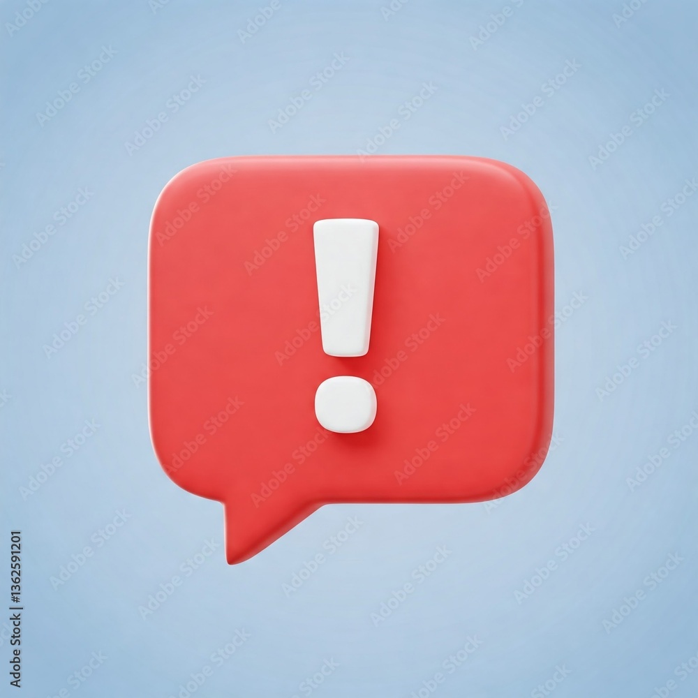 Red Chat Bubble with White Exclamation Mark Symbol on Blue Background Red Chat Bubble with White Exclamation Mark Symbol on Blue Background