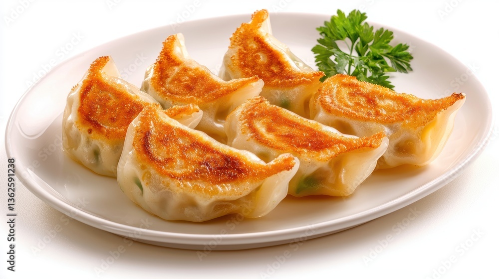 A plate of crispy, golden-brown dumplings garnished with fresh parsley, showcasing a delicious Asian culinary delight. A plate of crispy, golden-brown dumplings garnished with fresh parsley, showcasing a delicious Asian culinary delight.