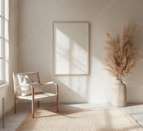 Minimalist room with chair, pampas grass, and blank frame.