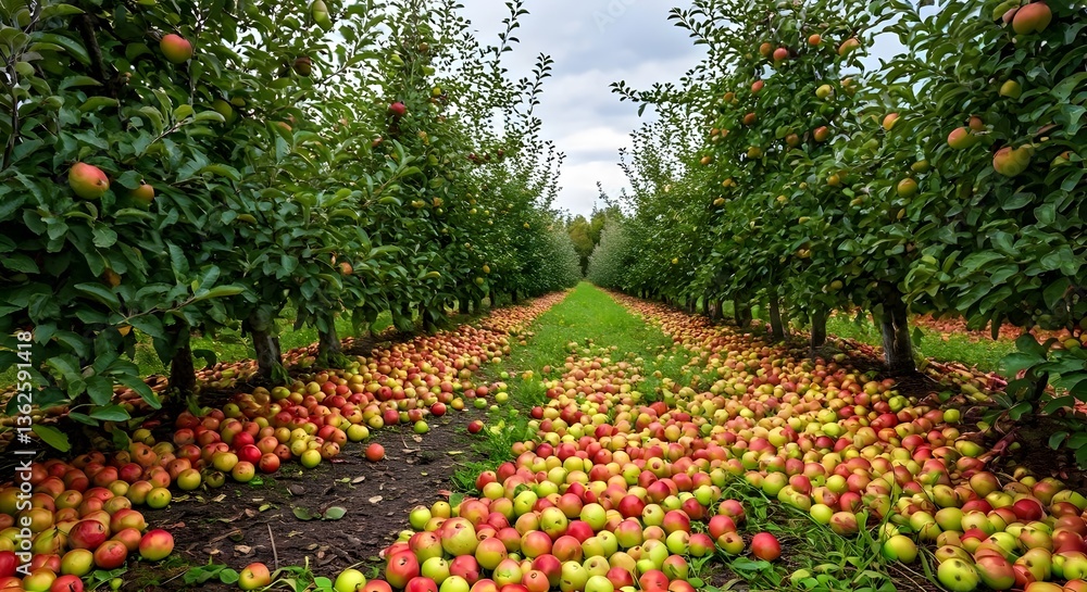 Fototapeta premium An idyllic apple orchard in autumn, with red and green apples scattered on the ground beneath the trees, AI Generated