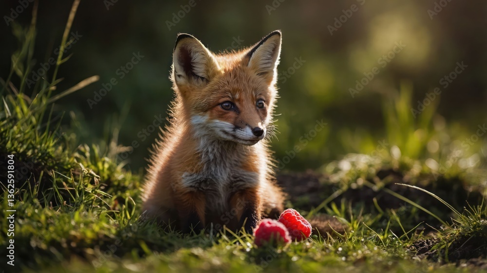 Obraz premium A young fox sits on the grass, with red berries nearby, in a serene natural setting.