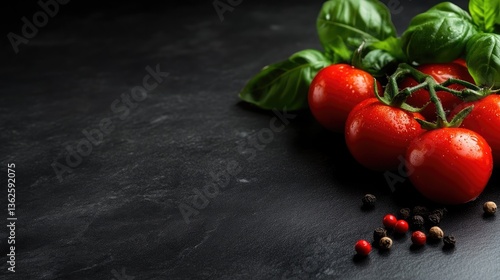 Fresh tomatoes and basil on dark slate
