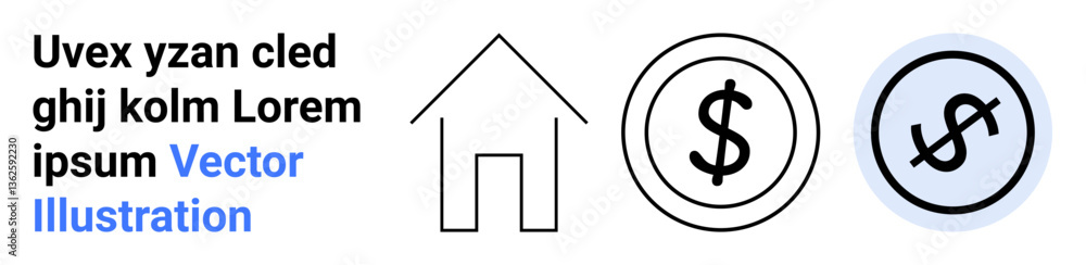 House icon with currency symbols in circles, dollar signs in minimalist style. Ideal for housing market, finance, investment, real estate, economic analysis, banking, simple landing page House icon with currency symbols in circles, dollar signs in minimalist style. Ideal for housing market, finance, investment, real estate, economic analysis, banking, simple landing page