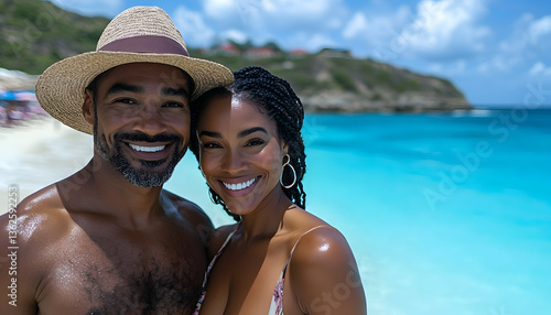 Happy couple poses on tropical beach with turquoise water