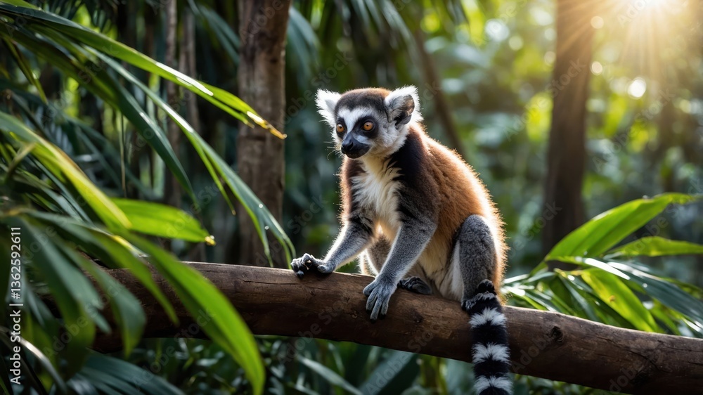 Fototapeta premium A lemur perched on a branch amidst lush green foliage, illuminated by soft sunlight.