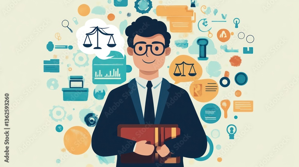 Businessman holding book, surrounded by law and data icons, for stock photo Businessman holding book, surrounded by law and data icons, for stock photo