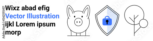 Piggy bank, shield with lock, and minimalist tree icon representing savings, security, and sustainability. Ideal for finance, protection, eco-friendliness, modern design investment banking flat