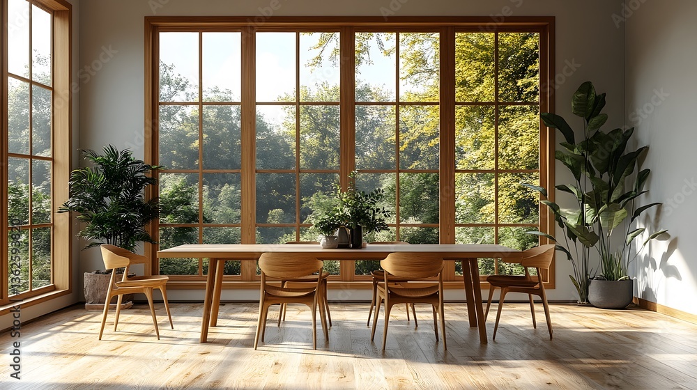 Fototapeta premium Minimalist dining space with a sleek wooden table soft natural lighting and modern aesthetic harmony 3D rendering illustration