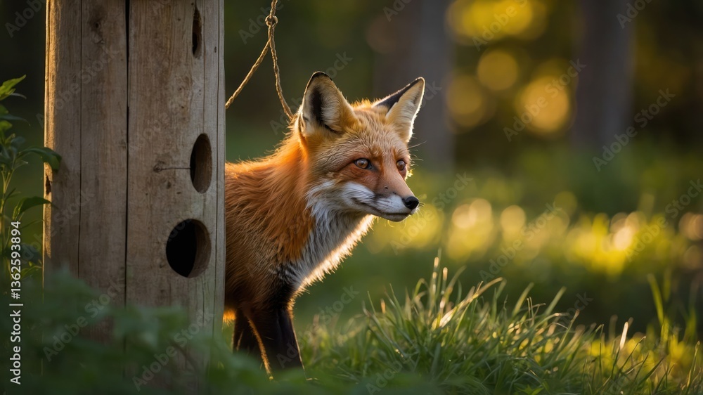 Obraz premium A red fox emerges from behind a wooden post in a sunlit forest setting.
