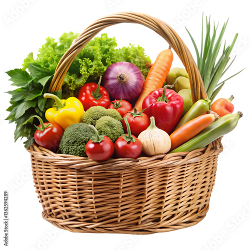 Fresh produce in a wicker basket isolated on transparent background  
