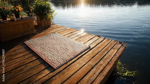 A quiet lakeside scene with a yoga mat placed on a wooden dock, overlooking still water with gentle ripples, symbolizing inner peace and mindfulness