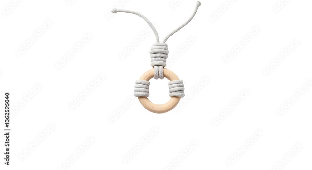 Fototapeta premium Natural wooden pendant on a white cord, showcasing intricate craftsmanship and minimalistic design, perfect for nature-inspired fashion and accessories