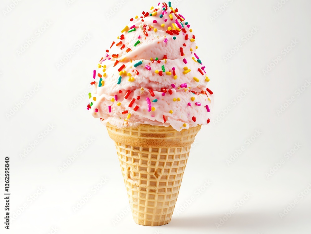 Delicious Pink Ice Cream Cone with Colorful Sprinkles on White Background Delicious Pink Ice Cream Cone with Colorful Sprinkles on White Background