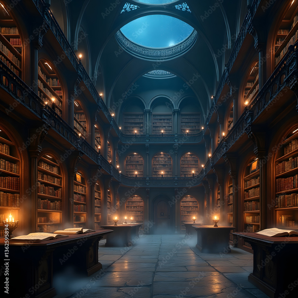 Ancient Library with Giant Bookshelves, Dusty Tomes, Mystical Ambience, Fantasy Setting Ancient Library with Giant Bookshelves, Dusty Tomes, Mystical Ambience, Fantasy Setting