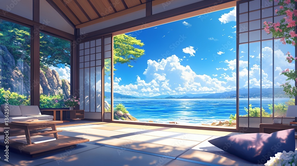 Fototapeta premium Serene beach view from a modern Japanese-style interior with ocean hues.