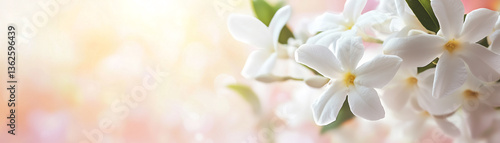 White jasmine flowers with soft petals and green leaves on a pastel golden background with dreamy bokeh light. Concept of purity, serenity, relaxation and aromatherapy. Banner Design.