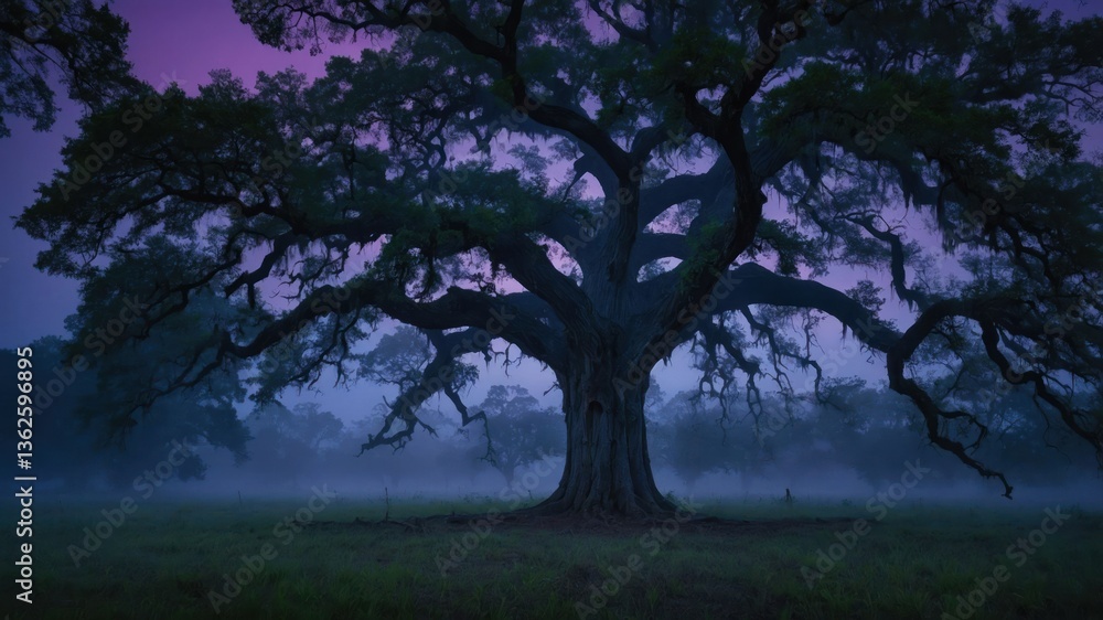 Obraz premium A majestic tree stands alone in a misty landscape at dusk, creating a serene atmosphere.