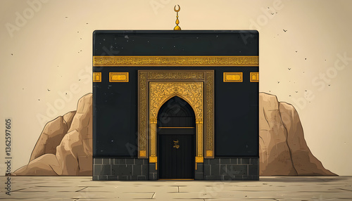 Kaaba Black cube with gold accents, crescent on top, desert backdrop, religious significance