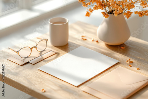 Minimalist workspace with glasses, mug, and dry flowers on wooden desk in sunlight