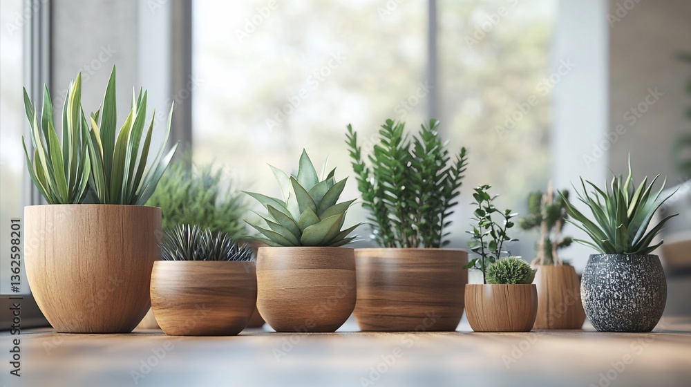 Fototapeta premium Assortment of plants in pots on a wooden floor, light room, window backdrop