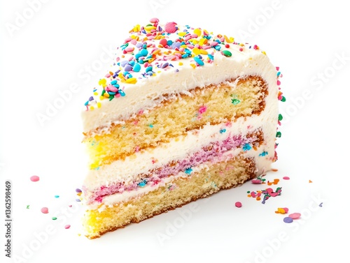 Eating Celebration Cake Slice with Sprinkles on White Background Delicious Treat