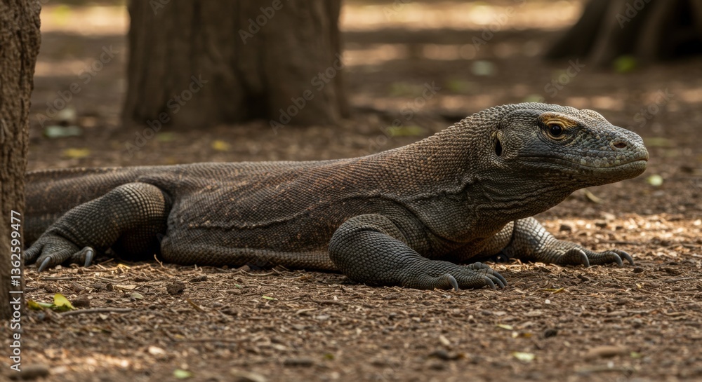 Komodo dragon resting on forest floor in Indonesia Komodo dragon resting on forest floor in Indonesia