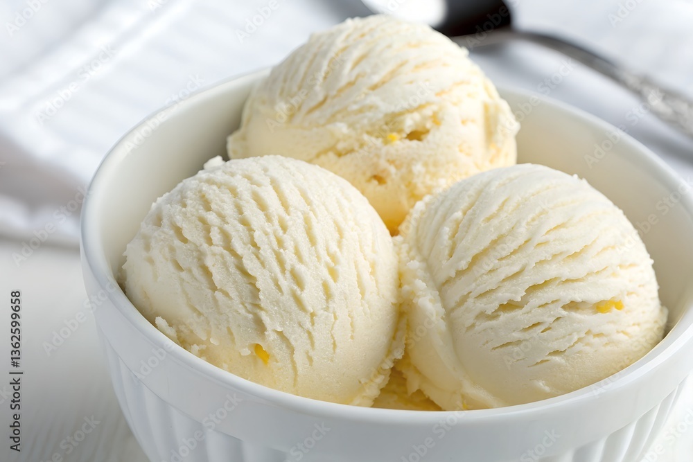 Creamy Vanilla Ice Cream Scoops in a White Bowl Refreshing Summer Treat Creamy Vanilla Ice Cream Scoops in a White Bowl Refreshing Summer Treat