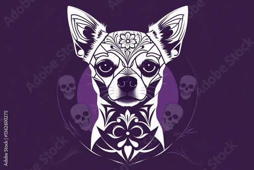 Minimalist Chihuahua Dog Line Art with Geometric Sugar Skull Patterns – Modern Día de los Muertos Design