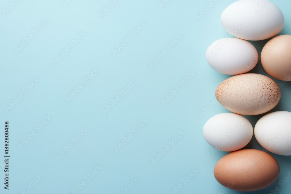 Eggs of various colors arranged neatly on a blue background create a simple yet appealing display for culinary inspiration Eggs of various colors arranged neatly on a blue background create a simple yet appealing display for culinary inspiration
