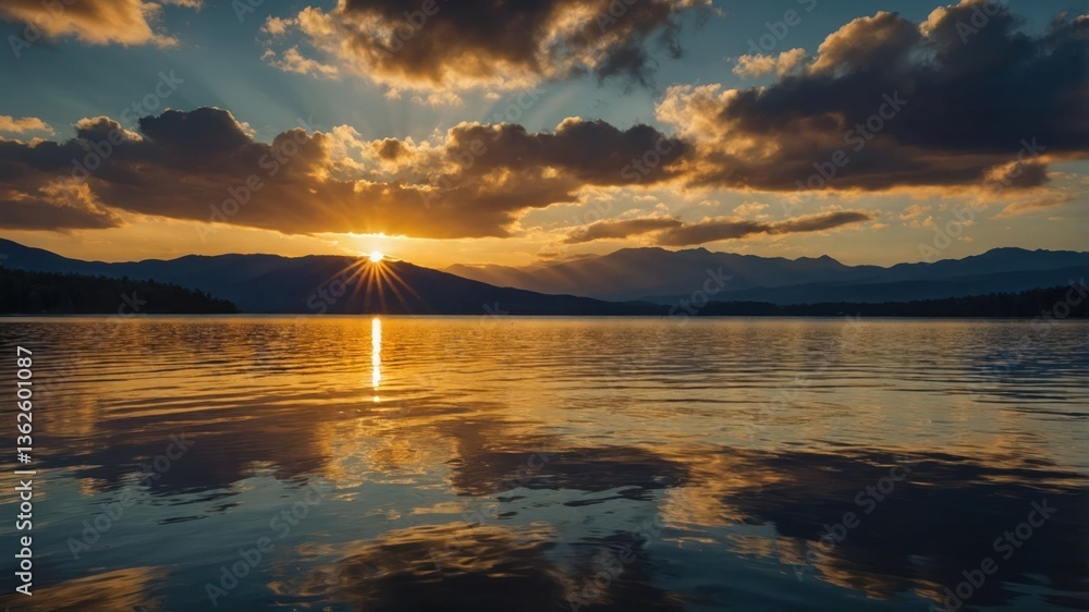 Naklejka premium A serene sunset over a calm lake, reflecting mountains and clouds in the water.