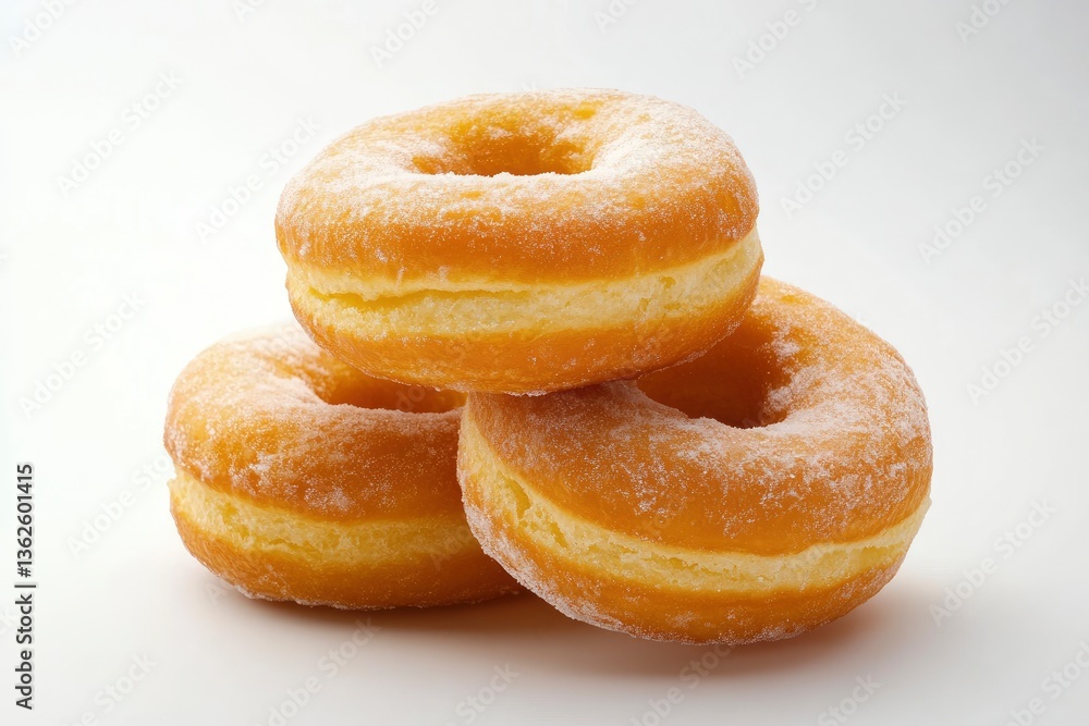 Stack of Delicious Donuts with Powdered Sugar on White Background Stack of Delicious Donuts with Powdered Sugar on White Background