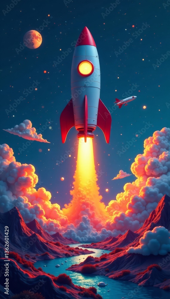 Obraz premium A growing rocket soaring above a landscape of interconnected gears and tools, business, rocket