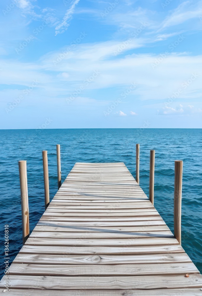 Gray weathered wooden pier deck extends over calm blue sea under a summer sky, view, calm, daytime Gray weathered wooden pier deck extends over calm blue sea under a summer sky, view, calm, daytime