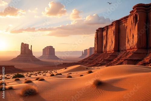 Wind-Sculpted Sandstone Formations in a Vast Desert Sunset