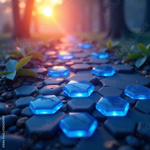 Blue shining hexagons on a misty morning background, background, abstract