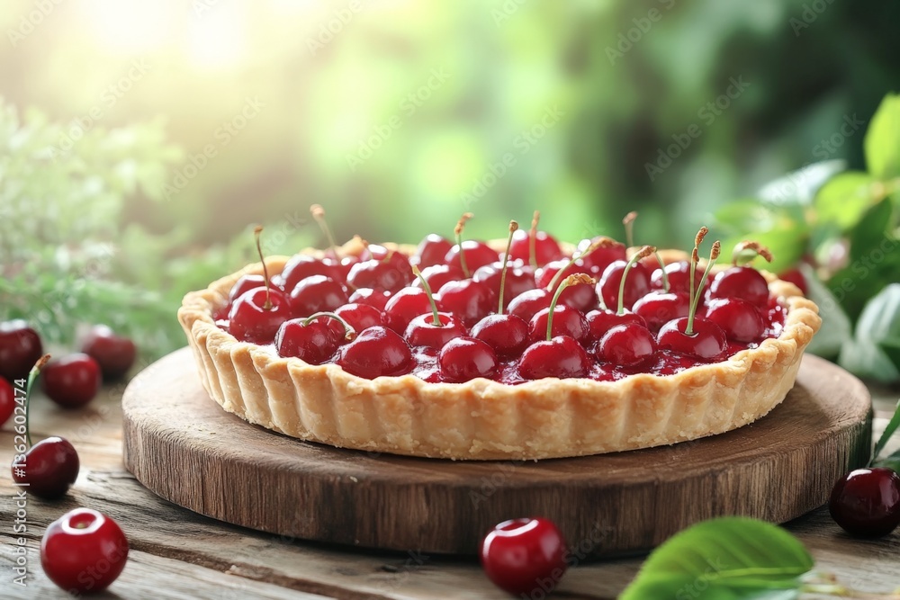 Fresh cherry tart displayed on a wooden board with natural light illuminating the vibrant berries Fresh cherry tart displayed on a wooden board with natural light illuminating the vibrant berries