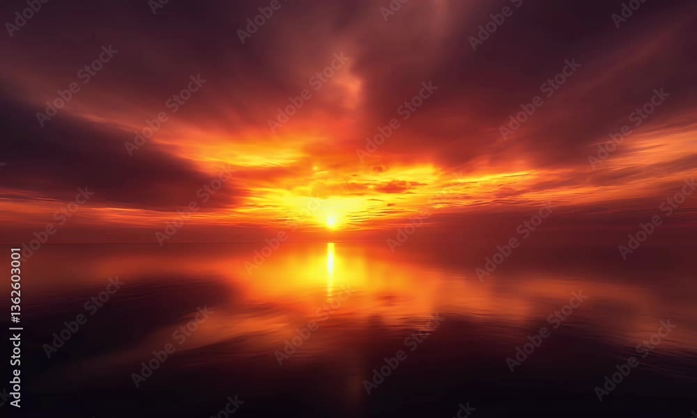 Fiery Sunset Over Water Reflecting Vibrant Orange and Red Clouds Fiery Sunset Over Water Reflecting Vibrant Orange and Red Clouds