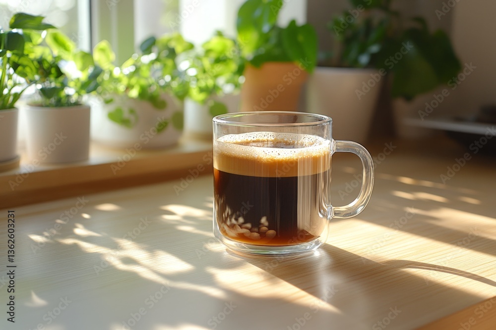 Morning coffee in a bright kitchen surrounded by lush green plants on a sunny day Morning coffee in a bright kitchen surrounded by lush green plants on a sunny day