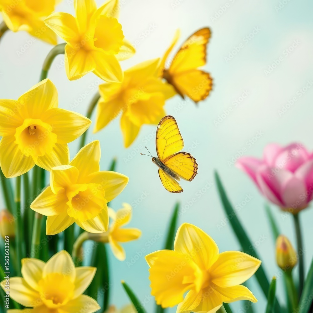 Obraz premium Pastel spring background, fresh daffodils & yellow butterfly, Easter theme, springtime, easter background