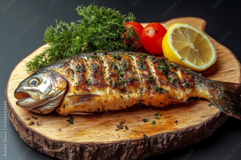 Grilled trout served with fresh herbs, tomatoes, and lemon on a wooden cutting board in a culinary setting Grilled trout served with fresh herbs, tomatoes, and lemon on a wooden cutting board in a culinary setting