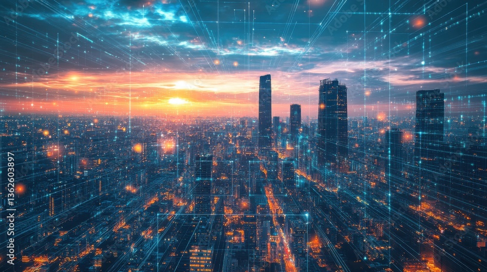 Fototapeta premium New Delhi city with skyscrapers view, digital data stream connecting concept, smart urban development. advanced network technology.