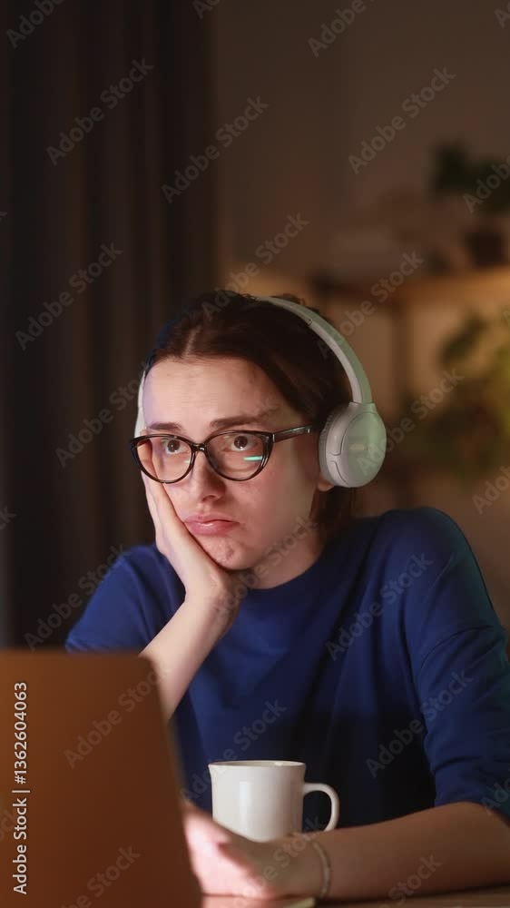Vertical video of tired young woman in headphones resting her face on hand while looking at laptop feeling bored unmotivated or emotionally drained during quiet evening at home workplace Vertical video of tired young woman in headphones resting her face on hand while looking at laptop feeling bored unmotivated or emotionally drained during quiet evening at home workplace