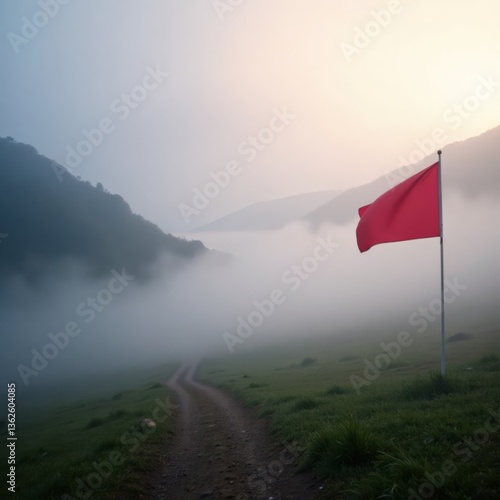 Foggy landscape of Chile on Independence Day with flags waving gently , victorious atmosphere, fog
